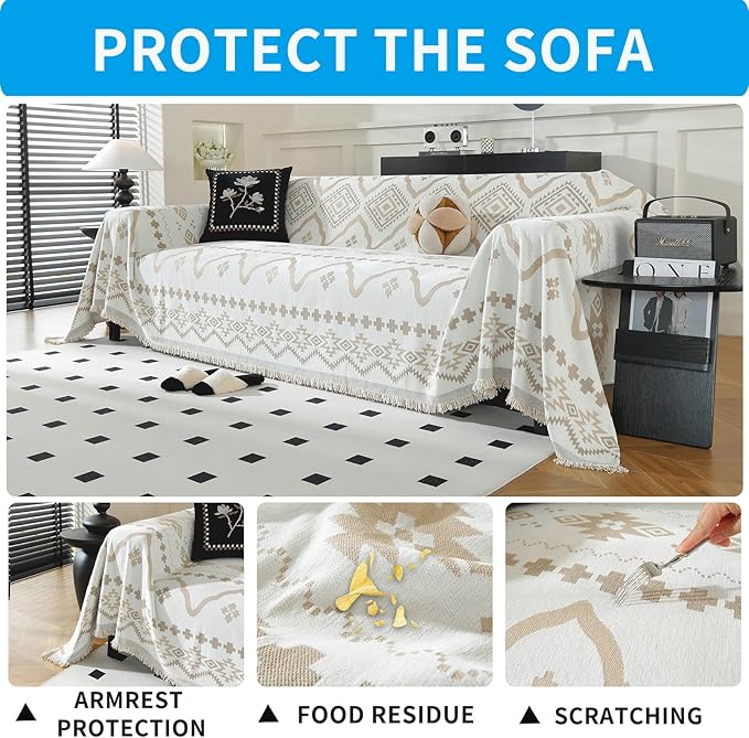 LUFEIJIASHI Boho Couch Covers for Sofa Non Slip Sofa Covers Washable Couch Covers for 3 Cushion Couch Sofa Pet Friendly Sectional Couch Cover Blanket Furniture Protector for Dogs (Khaki, 91"x150")