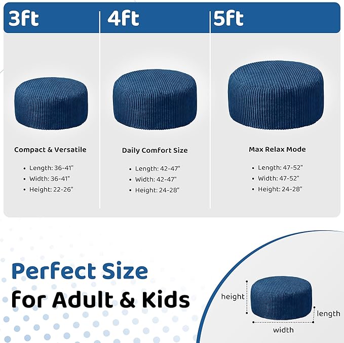 HABUTWAY 4FT Bean Bag Chair, 4' Large Bean Bag Chairs for Adults with Removable Stripe Plush Cover, Memory Foam Beanbag Chair for Living Room Bedroom Dorm (Blue)