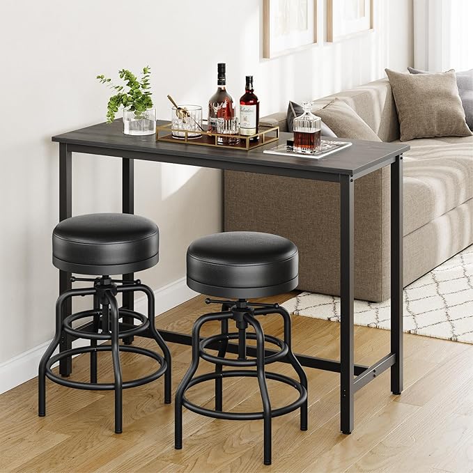 Adjustable Height Swivel Bar Stool, 22-29 Inch Industrial Vintage Bar Counter Height Stool with Thicken Premium Bonded Leather Seat & Updated Footrest, Easy Assembly, Black