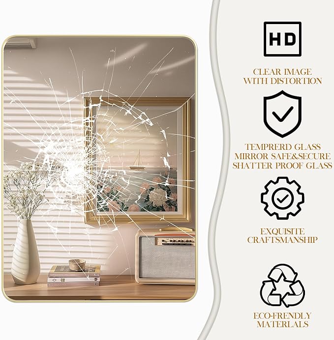 36×36 Gold Bathroom Mirror, Rectangular Bathroom Vanity Mirror for Wall with Rounded Corners & Aluminum Alloy Frame, Tempered-Glass, Modern, Farmhouse, Horizontal/Vertical, Entryway, Bedroom