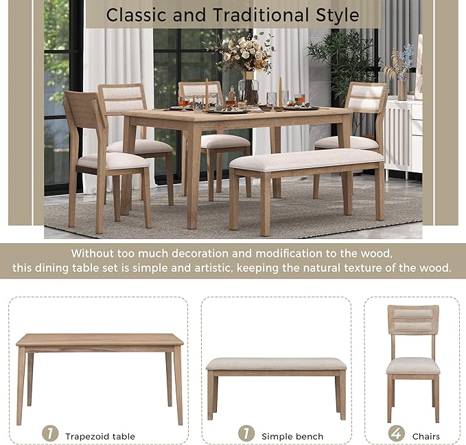 6 Pieces Dining Table Set with 60" Rectangle Kitchen Desk,Wooden Living Room Furniture W/ 4 Upholstered Chairs & 1 Bench,for Restaurant,Home Bistro,Natural Wood Wash