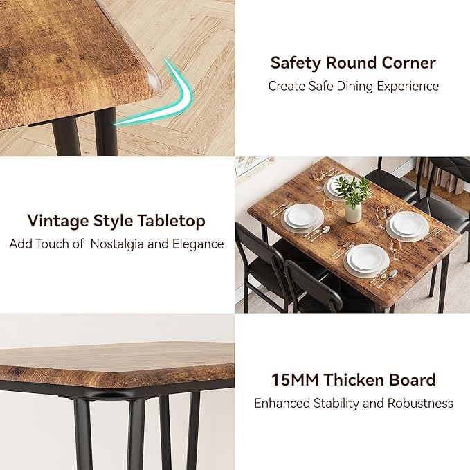 GarveeHome Dining Table Set for 4, Kitchen Table with Upholstered Chairs for Kitchen Room and Small Spaces (Vintage, Table with 4 Chairs)