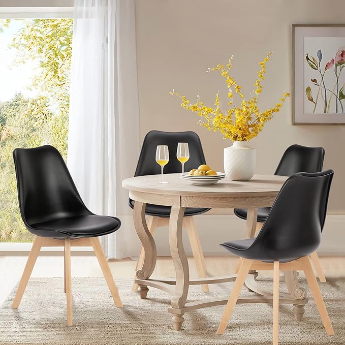 OLIXIS Dining Chairs Set of 4 Mid-Century Modern Dinning Chairs, Living Room Bedroom Outdoor Lounge Chair PU Leather Cushion and Wood Legs, Black