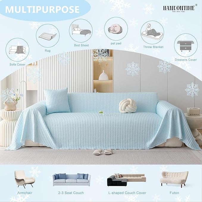 HANDONTIME Cooling Dog Couch Cover Ice Silk Washable & Breathable Pet Sofa Protector Durable Couch Covers for Sofa Pet Friendly Soft Dog Cooling Bed Cover Sofa Protector Covers (Baby Blue, 71"x134")