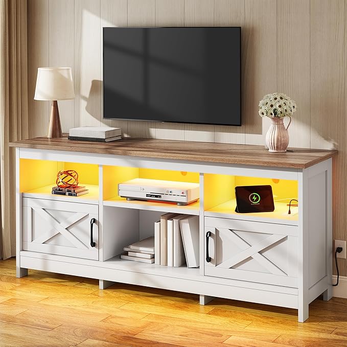 YITAHOME TV Stand for 65 Inch TVs, Entertainment Center with Storage Cabinets, Power Outlet & LED Light, Media Console Living Room Furniture, White & Walnut