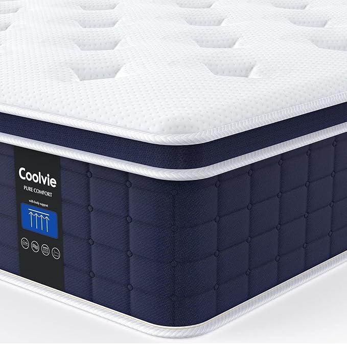 Coolvie 14 Inch Queen Mattress, Medium Firm Memory Foam Queen Size Mattresses in a Box, Hybrid CertiPUR-US® Certified Foam Pocket Springs for Motion Isolation & Pressure Relieving, 100-Night Trial