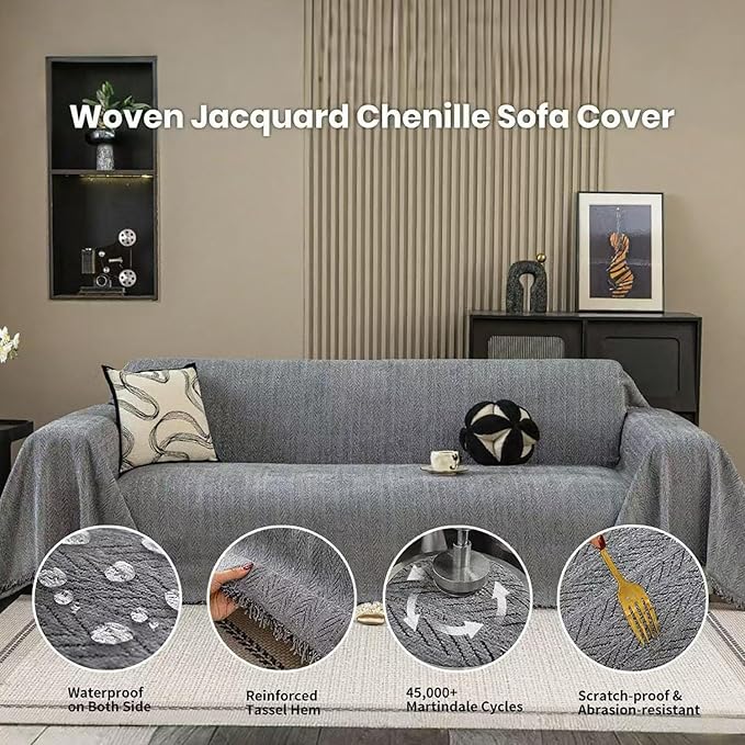 Nobildonna Sofa Cover Washable Soft Thicken Chenille Couch Cover with Tassel,Waterproof Sofa Slipcover for 2-3 Cushion Couch,Sectional Sofa,L-Shaped Furniture Protector Pet-Friendly,Dark Gray 71x118