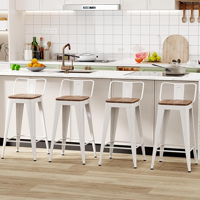 WENTMENT Metal Bar Stools Set of 4 Counter Height Stools Barstools with Removable Back 24" Kitchen Bar Stools with Wooden Seat, White