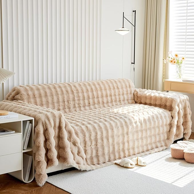 Thick Faux Rabbit Fur Couch Cover 1-Piece Non-Slip Warm Soft Cozy Sofa Covers,Fluffy Plush Sofa Slipcover Furniture Protector for Kids,Pets(Khaki,71" x 118")