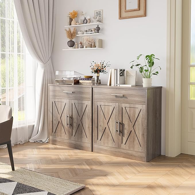 Shintenchi Farmhouse Storage Cabinets with Doors and Shelves,Kitchen Barn Door Storage Cabinet with Drawers,Coffee Bar Cabinet Buffest Sideboard for Dining Room,Living Room,Bathroom,Entryway,Ash Grey