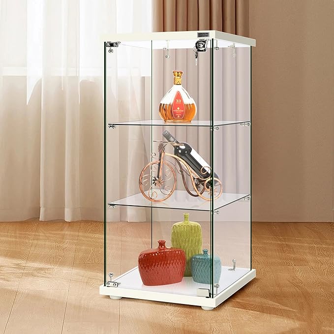 VIVOHOME 3 Layers 16''W x 16''D x 33''H Glass Display Cabinet Showcase Countertop with Lock, 4mm Tempered Glass 25mm MDF Base