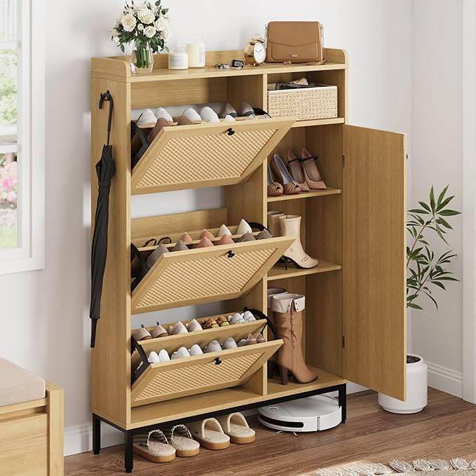 GarveeHome Shoe Cabinet Rattan with 3 Flip Drawers and 4-Tier Shoe Storage Cabinet, Freestanding Shoe Organizer with Adjustable Shelves for Entryway, Closet, Hallway (Oak)