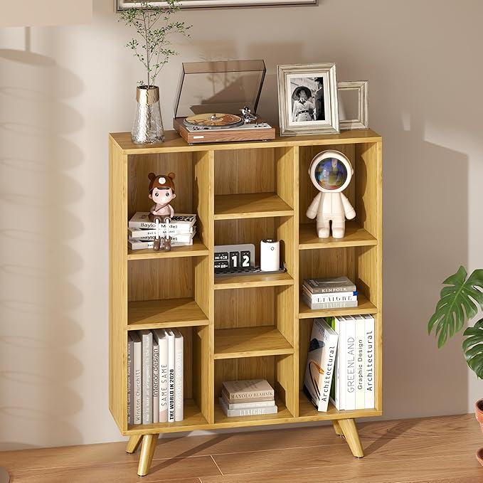 Manora Bookshelf with 10 Open Storage Cubes, Wooden Bookcase Organizer, Rustic Modern Display Shelf for Living Room, Bedroom, Office