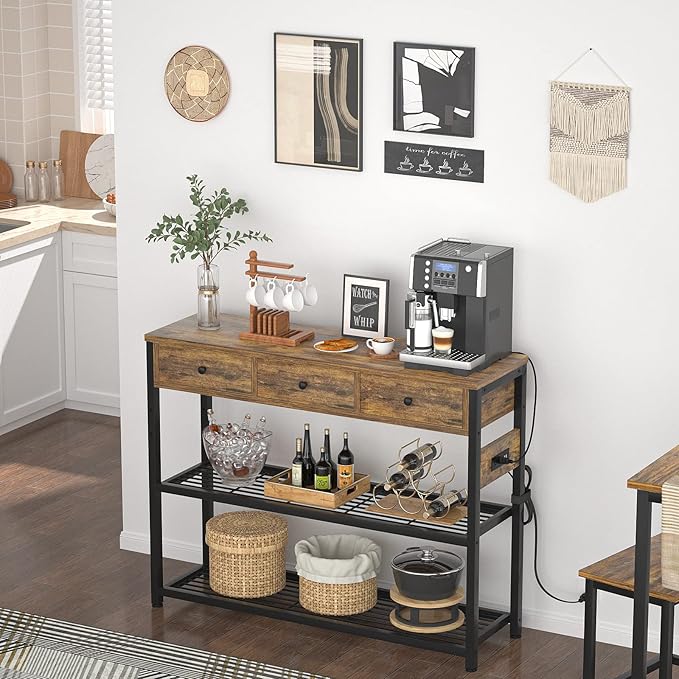 Ecoprsio 47'' Entryway Table with Outlets and USB Ports, Console Table with 3 Drawers, Sofa Table Narrow Long with Storage Shelves for Living Room, Couch, Hallway, Foyer, Kitchen Counter, Rustic Brown