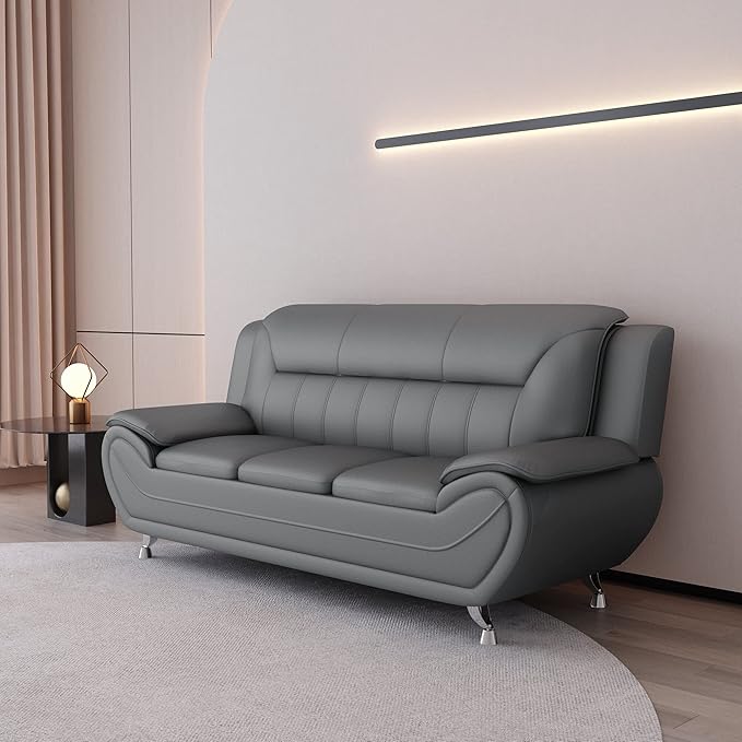 Container Furniture Direct Michael Modern Faux Leather Upholstered Stainless Steel Legs Living Room Sofa, Chair, Sleek Gray