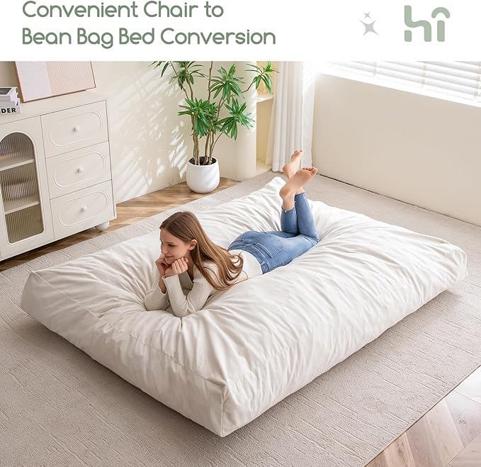 HIGOGOGO Giant Bean Bag Chair Bed for Adults,Convertible Beanbag Folds from Lazy Chair to Floor Mattress Bed,Large Floor Sofa Couch for Adult,Couples,Family, Machine Washable, Beige
