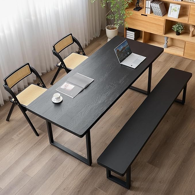 Modern Solid Wood Dining Table with Metal Base Stylish Durable Dining Room Table in Black Multiple Sizes Home Use Office Desk(70.87in)