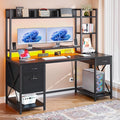 DWVO Computer Desk with Drawers & Hutch, 59.1" Office Desk with Power Outlets & LED Lights, Home Office Desk with Storage Shelves, Black
