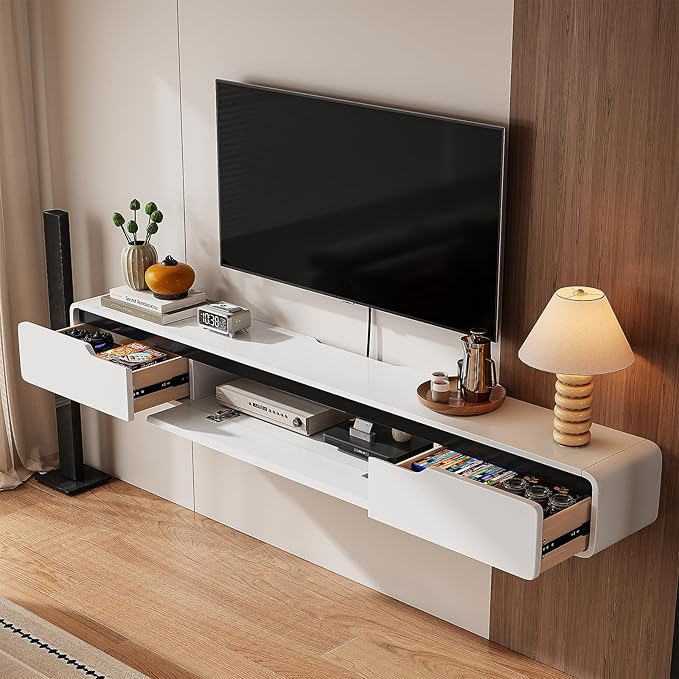 Fully-Assembled Floating TV Stand with Drawers, 94IN High Gloss Wall Mounted Entertainment Center, Modern Media Console with Storage, Under TV Shelf for Bedroom Living Room White