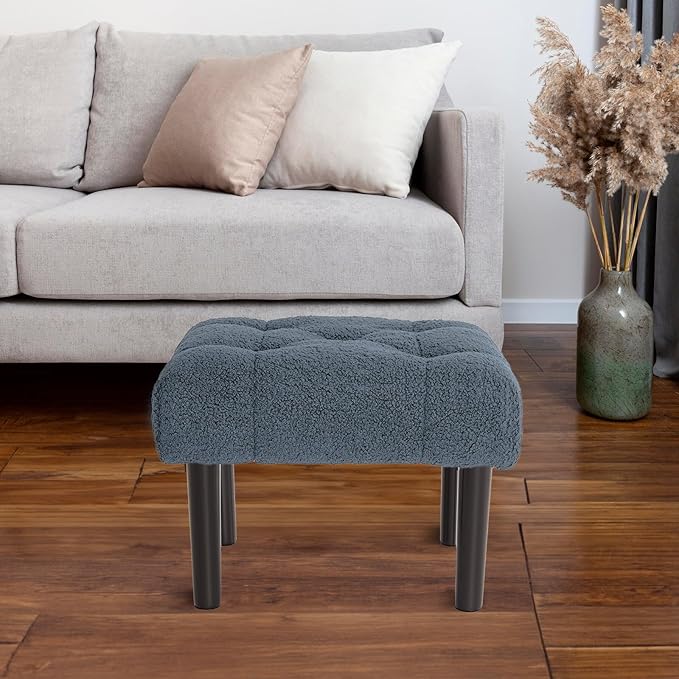 HOUCHICS Fur Padded Foot Stool, Small Ottoman Foot Rest with Wooden Legs,Modern Rectangle Chair Foot Rest Foot Step Stool for Living Room, Couch, Desk（Blue）