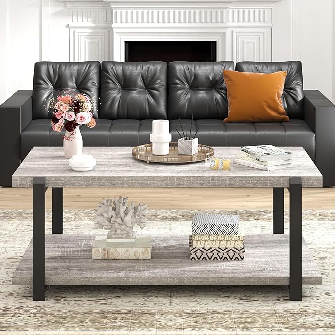 FOLUBAN Rustic Coffee Table, Modern Wood Center Table for Living Room, Industrial 2 Tier Rectangle Low Cocktail Tea Table with Storage Shelf, Light Grey