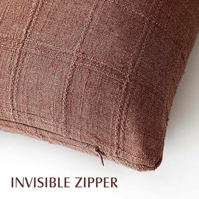 Foindtower Set of 2 Decorative Linen Check Throw Pillow Covers Neutral Farmhouse Lumbar Cushion Covers Modern Boho Home Decor for Sofa Chair Couch Bedroom Living Room Outdoor,12×20 Inch,Autumnal Red