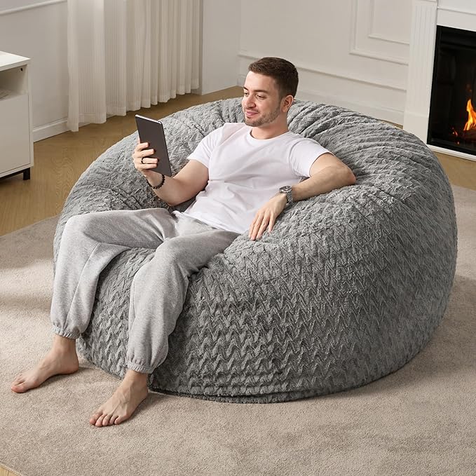 Hobestluk 5ft Bean Bag Chairs for Adults Large Beanbag Chair with Chevron Plush Fur Cover Big Bean Bag Chair for Living Room Bedroom Dorm Office - Grey (50” x 50” x 24”)