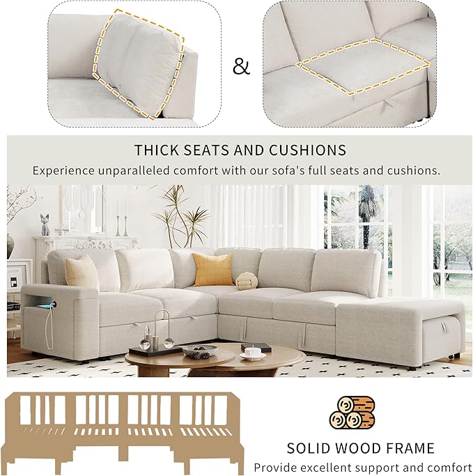 Merax L-Shaped Modular Sofa with Removable Storage Ottoman, USB Ports and Cup Holder, Upholstered Sectional Couch & Armrest, Free Combination Indoor Furniture for Living Room, Apartments, Beige