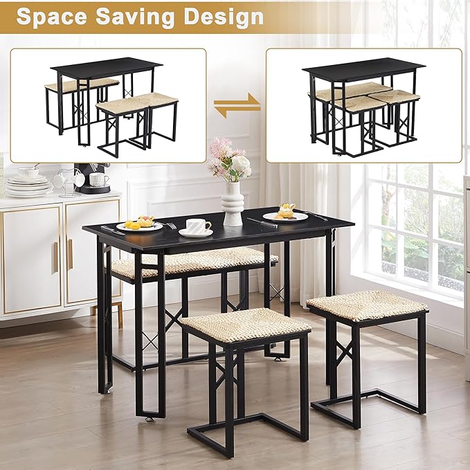 VECELO 43.3" Dining Table Sets, Farmhouse Small Kitchen Table for 4 with 2 Benches Wicker Mats,Metal Frame Space-Saving Adjustable Feets Coffee Table for Home Kitchen Dining, Pitch Black