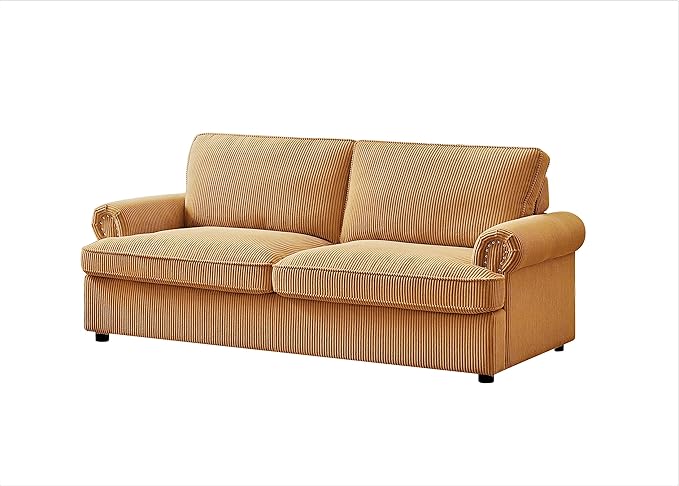 Reversible Sleeper Sofa Bed with Comfortable Memory Foam Mattress, Convertible Corduroy Full Size Pull Out Couch for Living Room, Space Saving Furniture, 72" Wide, Rounded Arms, Ginger
