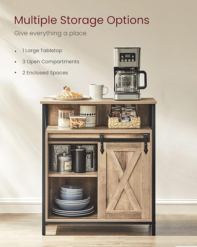 VASAGLE Buffet Cabinet, Coffee Bar Storage Cabinet, Sideboard with 1 Sliding Barn Door, Adjustable Shelves, 11.8 x 27.6 x 31.5 Inches, for Living Room, Camel Brown and Ink Black ULSC089B50
