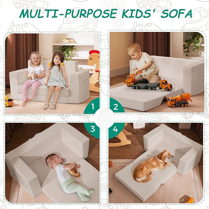 Kids Couch, 2-in-1 Toddler Chair Comfy 1-3 Years, Convertible Kids Chair, Toddler Couch That Fold Out, Kid Lounge Chairs for Boys and Girls, Soft Coral Fleece, Double, Beige