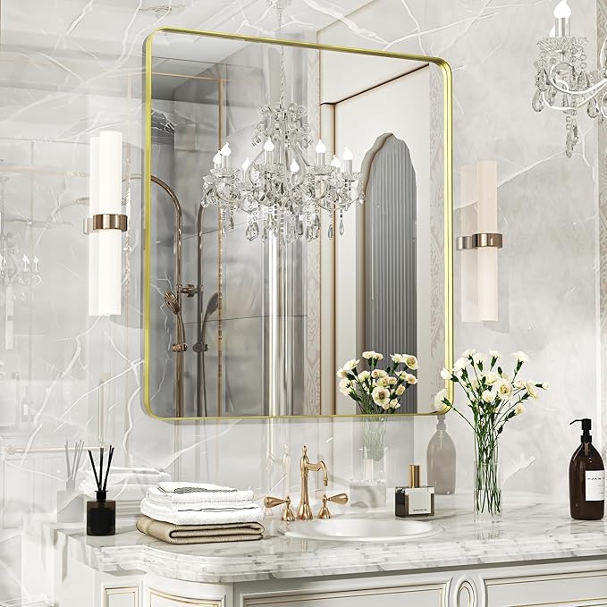 Fun Memories Wall Mirror for Bathroom,32x36 Inch Glod Bathroom Mirror, Rectangular Wall Mounted Decorativ, Rounded Corner, Aluminum Alloy Frame, Farmhouse, Hangs Horizontal or Vertical