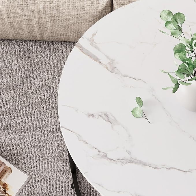 aboxoo Round Nesting Coffee Table Side Table Set of 2 End Tables for Living Room Bedroom Balcony, White Faux Marble Wooden Table Accent Coffee Table with Black Steel Frame