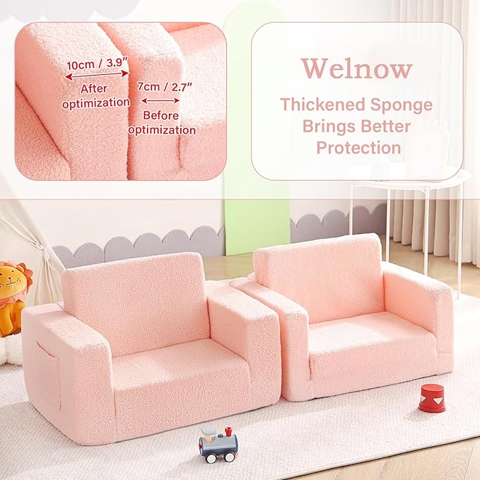 Welnow Toddler Chair, 2-in-1 Soft Sherpa Kids Sofa, Convertible Toddler Couch Lounger, Flip Out Kids Couch Chair with Side Pockets & Removable Cover for Girls and Boys, Pink