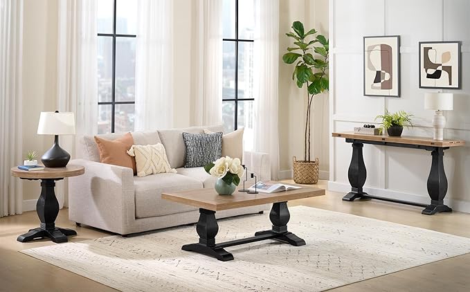 Martin Svensson Home Napa Solid Wood Pedestal Flip-Top Sofa Console Table, Black and Driftwood