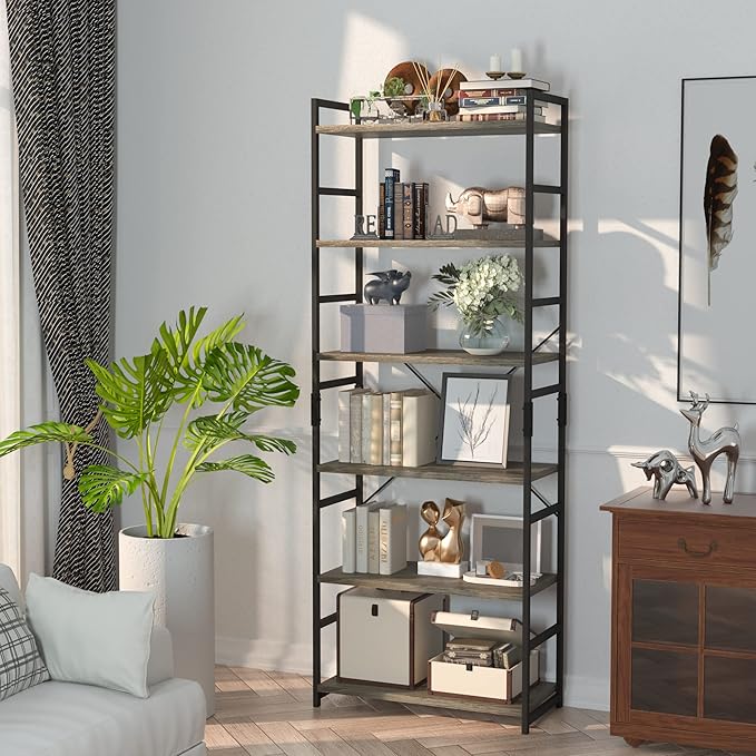 NUMENN 6 Tier Bookshelf, Tall Bookcase Shelf Storage Organizer, Modern Book Shelf for Bedroom, Living Room and Home Office, Grey