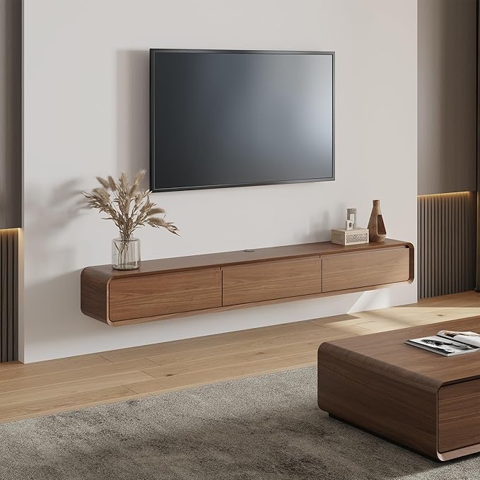 POVISON Fully Assembled Floating TV Stand, 63" Modern TV Stand with Flip-Down Cabinet Doors, Walnut TV Stand, Solid Wood Floating Entertainment Center, Minimalist TV Console