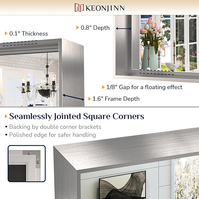 Keonjinn Brushed Nickel Bathroom Mirror 60 x 40 in Rectangle Frame Mirror for Over Sink, Rectangular Metal Framed Vanity Mirror Square Corner Aluminum Alloy Modern Silver Mirror(Horizontal/Vertical)