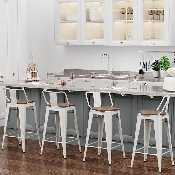 26 Inch Swivel Bar Stools Set of 4 with Backs Counter Height Industrial Metal Barstools Island Bar Chairs for Home Kitchen Dining Room (Swivel 26 inch, White Wooden)