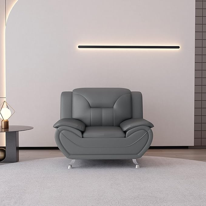 Container Furniture Direct Michael Modern Faux Leather Upholstered Stainless Steel Legs Living Room Sofa, Chair, Gray