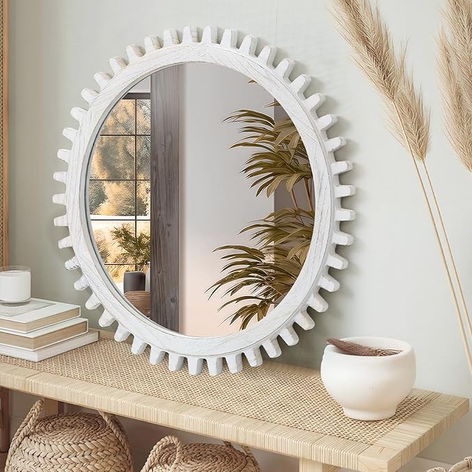 ULIKE Round Wood Mirror, 30 Inch Rustic Farmhouse Circle Mirror with Wooden Frame, Mordern Wall Decor for Bathroom Nursery Bedroom Living Room Entryway, White