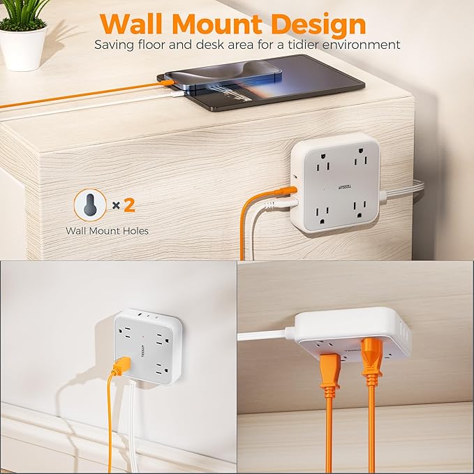 TESSAN Outlet Cover with Extra Outlet on Plug, Surge Protector Power Strip with 3 USB (2 USB C), 5 Ft Flat Extension Cord, 900 Joules Protection, Flat Plug Power Strip for Home Office Essentials