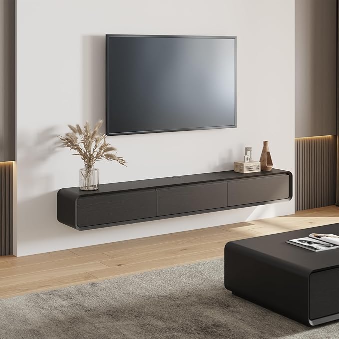 POVISON Fully Assembled Floating TV Stand, 63 inch Modern TV Stand with 3 Flip-Down Cabinet Doors, Black TV Stand, Solid Wood Floating Entertainment Center, Minimalist TV Console