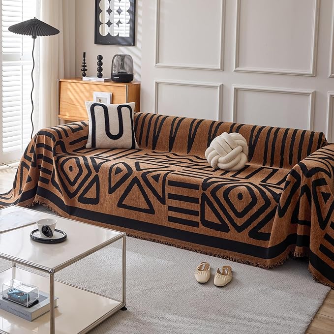 HANDONTIME Boho Geometric Couch Covers for Sofa Pet Friendly Brown and Black Sofa Covers Washable Chenille Couch Blanket Cover for 2 3 Cushion Couches Pet Protector Furniture Cover Soft, 71" X 118"