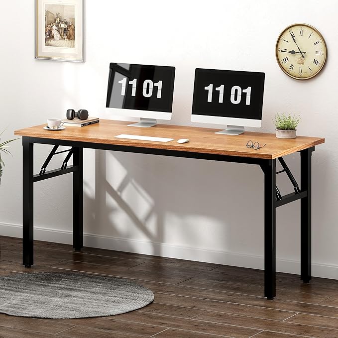 Need Folding Desk, 54 inch Large Computer Desk for Home Office, No Install Needed Study Student Writing Table Desk Workstation, Teak Black