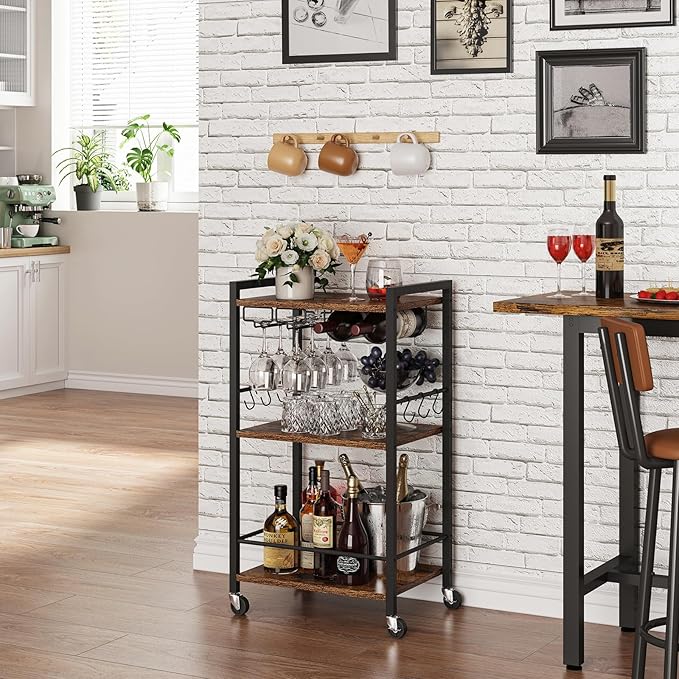 TUTOTAK Bar Cart, Home Bar Serving Cart with 3-Tier Shelf, Drink Cart with Wine Rack, Glass Holder, Rolling bar carts for The Home, Living Room, Brown BC01BB035