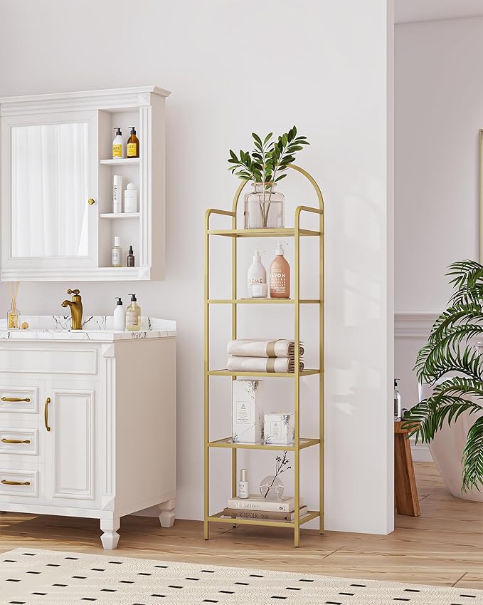 Bookcase Bookshelf, Tempered Glass Bookshelves, Slim Shelving Unit for Bedroom, Bathroom, Home Office, Steel Frame, 5 Tier Gold BC05001G