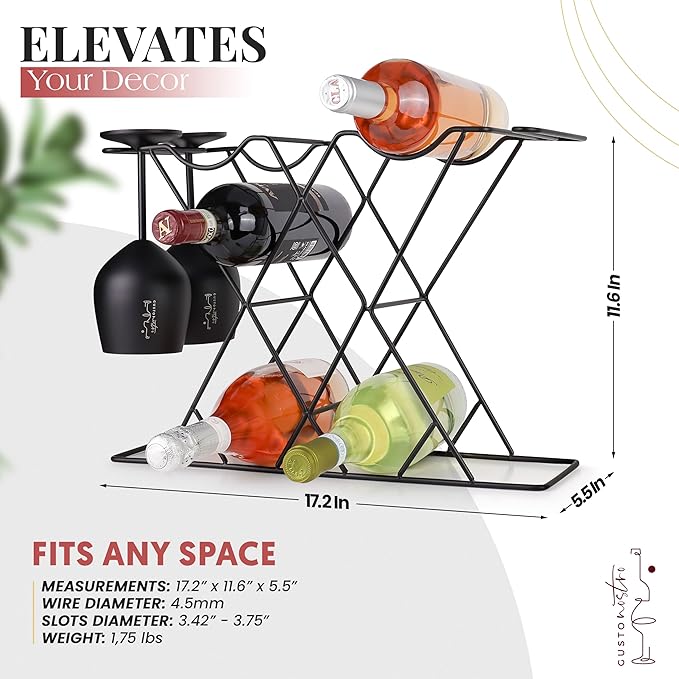 Gusto Nostro Small Wine Racks Countertop Storage for 8 Bottles & 4 Glasses - Countertop Wine Rack with Glass Holder, Modern Tabletop Black Wine Rack, Wine Holder Stand for Kitchen Cabinet Wine Cellar
