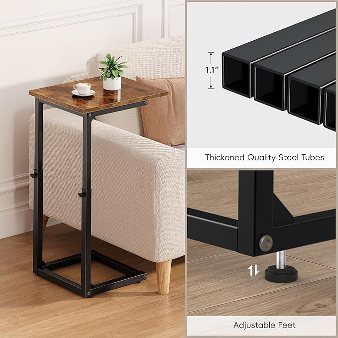 Vagusicc C Shaped End Table, 33" Tall Couch Table Adjustable Height Side Table, Sofa Table That Slide Under, C Table End Table TV Tray Coffee Arm Table for Living Room, Bedroom, Small Spaces, Brown